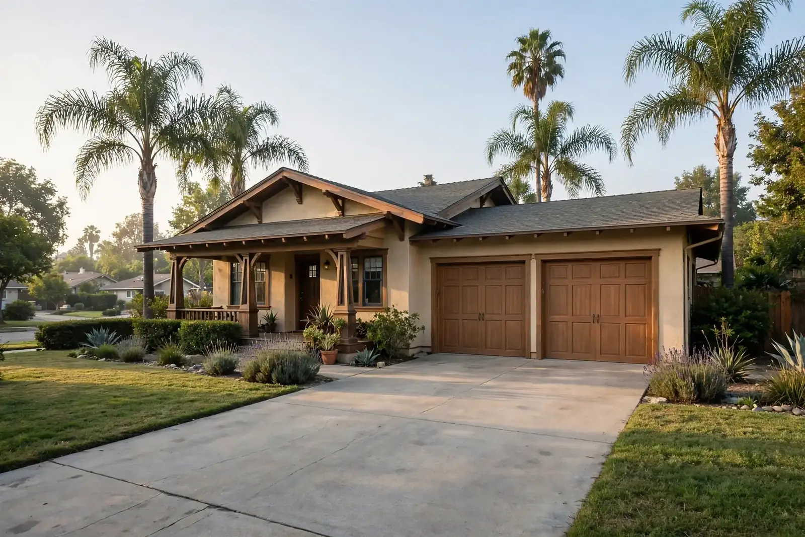 Quiet suburban driveway with a two-car garage in morning light