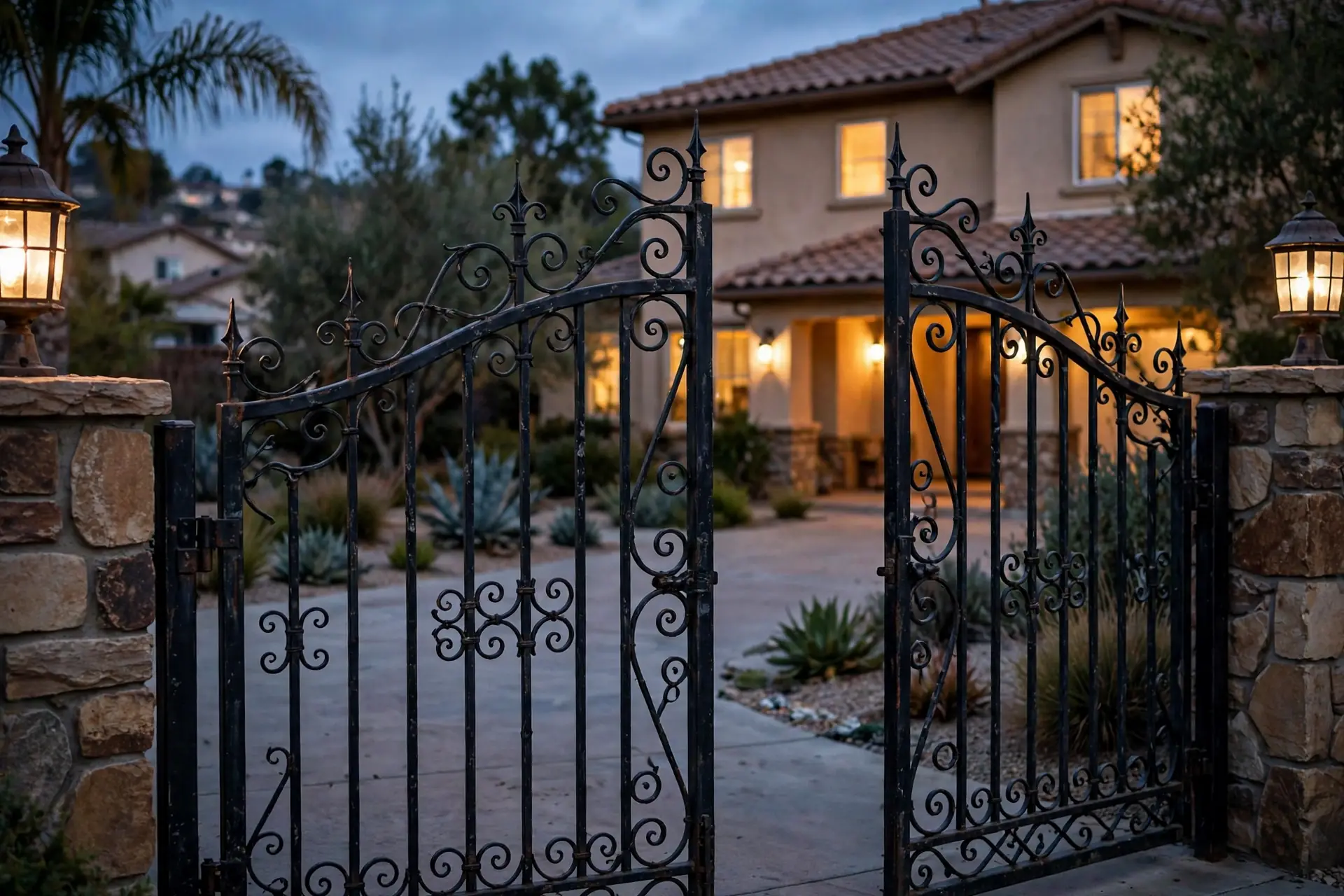 Wrought-iron driveway gate partially open at dusk