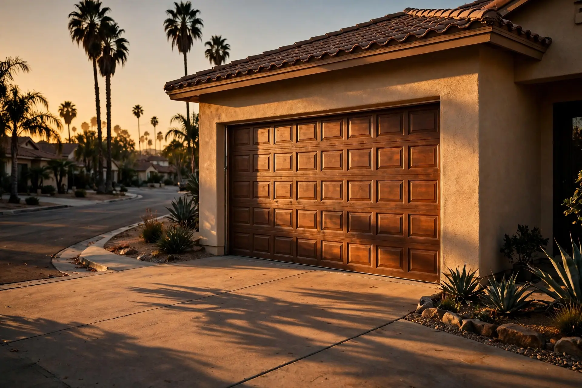 Suburban home in Pico Rivera with a sectional garage door glowing in golden-hour light